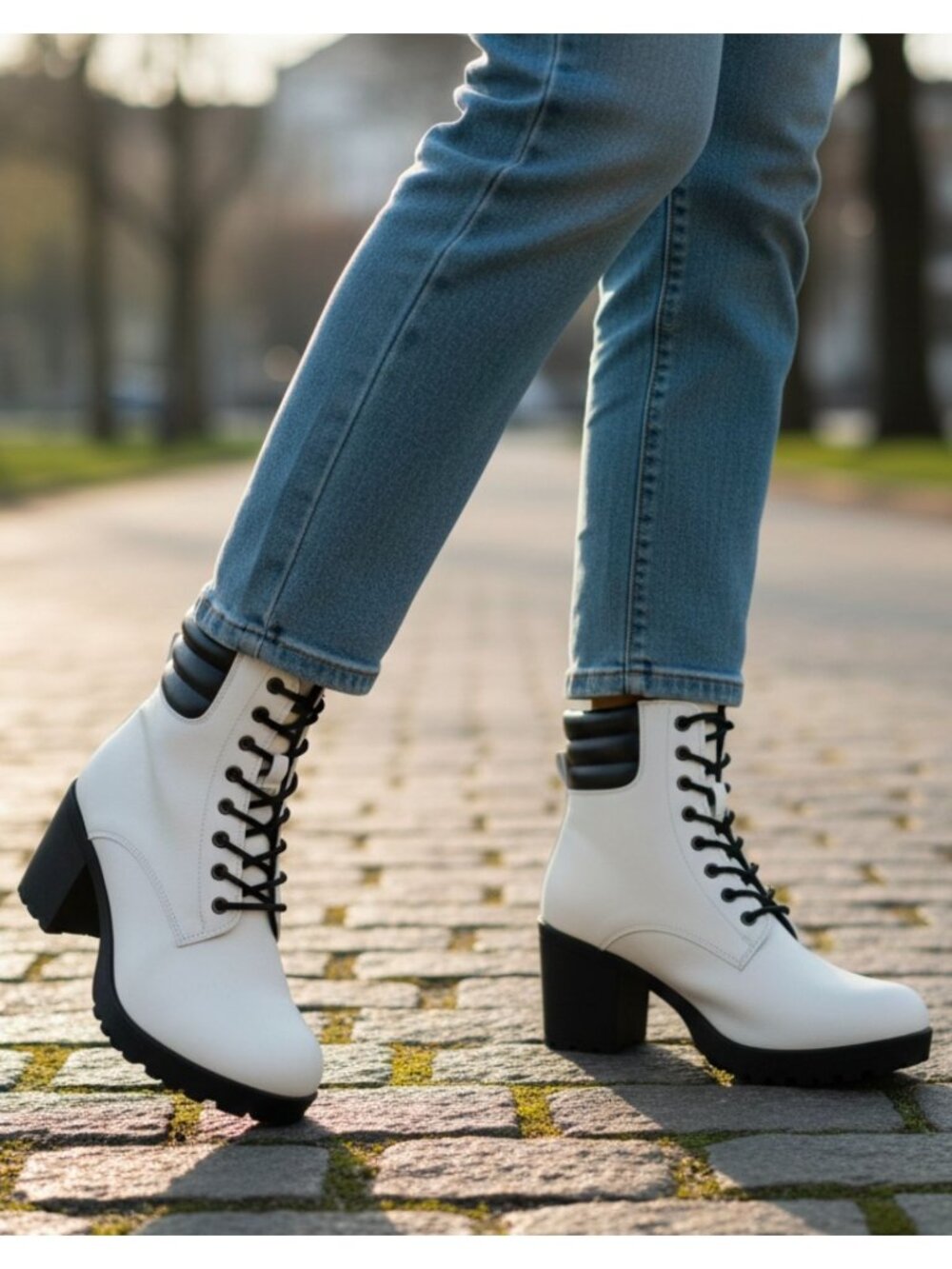White Chunky Heel Lace-Up Ankle Boots With Black Accents Womens Stylish Faux Lea